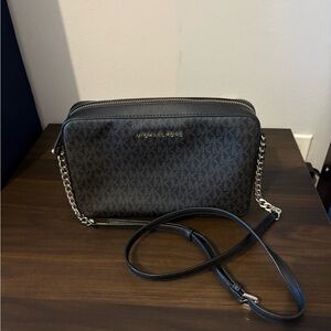 Michael Kors Black Logo-Print Leather Crossbody with Silver Chain